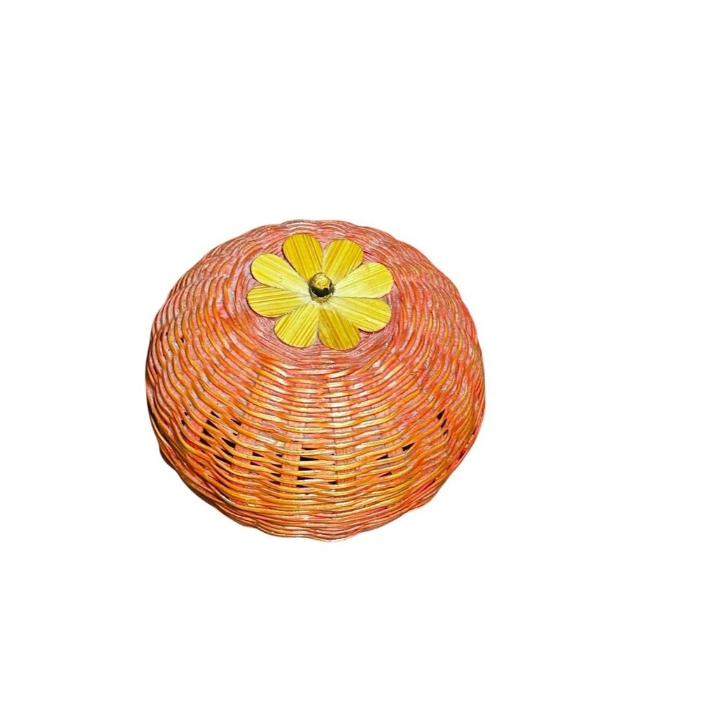 Vintage orange wicker pumpkin basket yellow flower lid stem